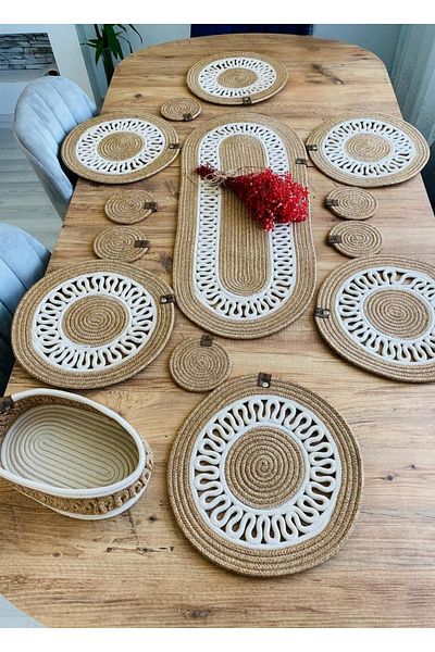 sfb 14 Piece Jute Serving Set Supla Coaster Bread Basket Handmade Natural Table Decor Set