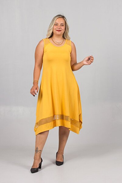 Truva XXL Φόρεμα με λεπτομέρεια από διχτυωτό ύφασμα στον ώμο και φουσκωτό στη μέση – Φούστα με διχτυωτό άκρο, κομψό φόρεμα σε μεγάλο μέγεθος