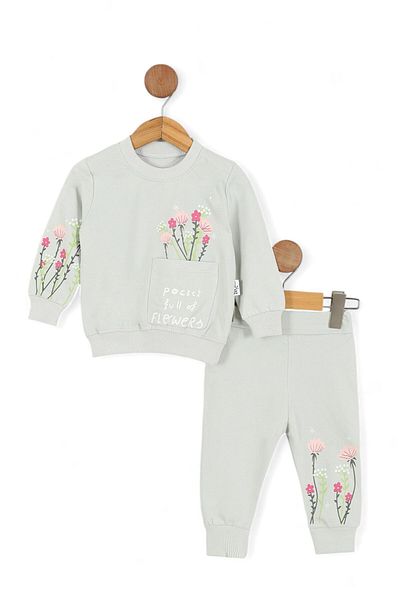 Ege Bebek Baby Girl Flower Printed Pocket Detailed, Seasonal, 2 Thread Bottom Top 2 Piece Set