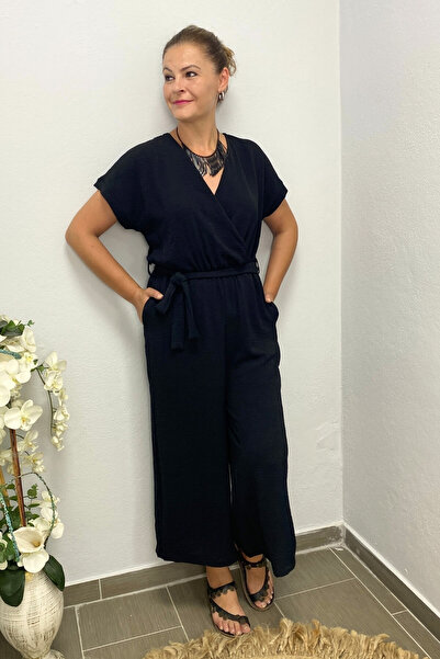 Mia Butik Women's Black Double Breasted Collar Jumpsuit