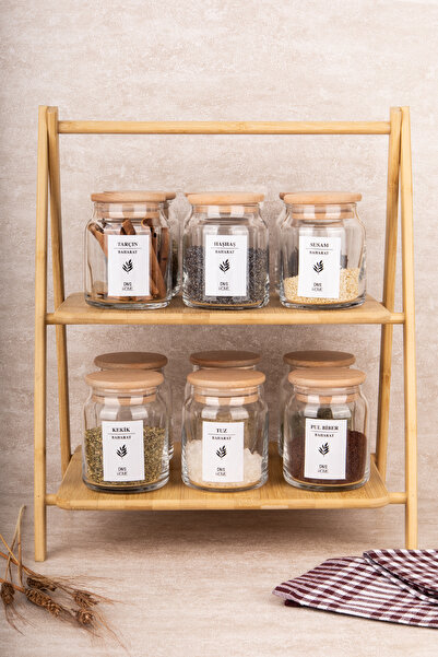 DNS HOME Set of 12 Glass Spice Jars with Bamboo Stand, Wooden Vacuum Lid, 300 ml Jar Set, Label Gift