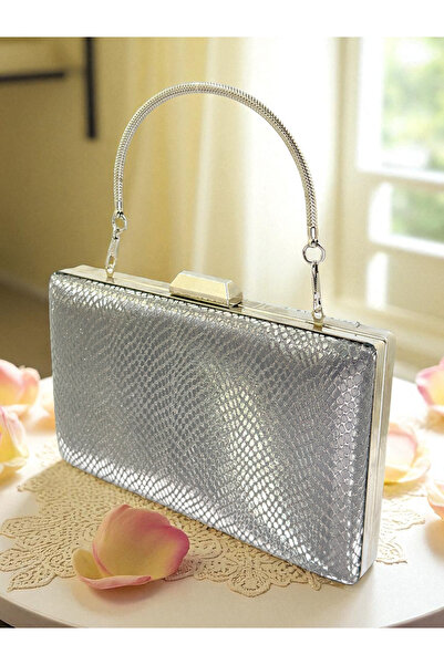 Wedding Fashion Geantă de damă antracit gri, culoare platină, model șarpe din material cu aspect laser, potrivită pentru seară, nuntă sau logodnă.