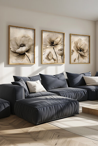 STARYUNA 3-dijelni set slika sa efektom uljane slike, bež cvetni drveni okvir...