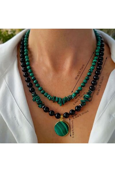 Vintage accessory Set of 2 Malachite and Black Agate Necklace, Big Natural Stone Handmade Jewelry