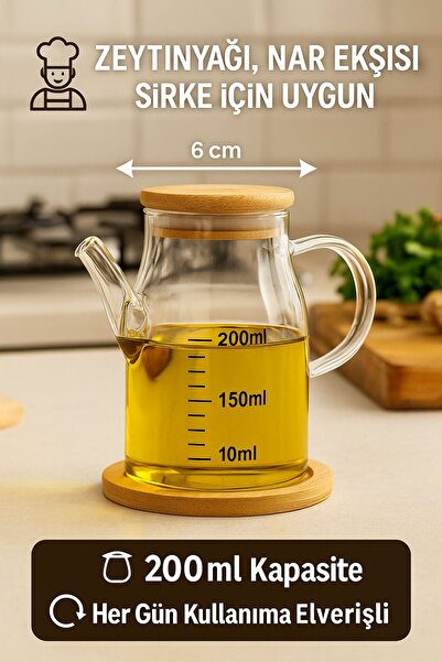 Open Home Concept Set of 2 Glass Oil Vinegar Set 200 ml Measured Borosilicate Glass Oil Pot + Bamboo Stand