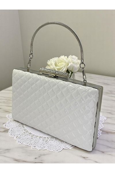 Wedding Fashion Alb de lux din piele lacuita maner metalic matlasat cu model geanta rochie de seara pentru femei nunta logodna absolvire