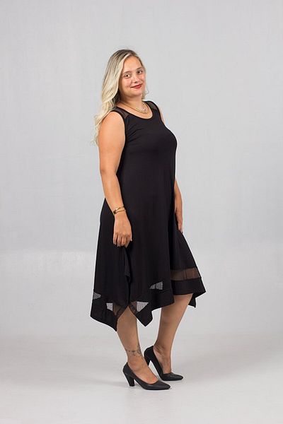 Truva XXL Shoulder Mesh Detailed Waist Flared Dress – Mesh Hem, Plus Size Stylish Dress