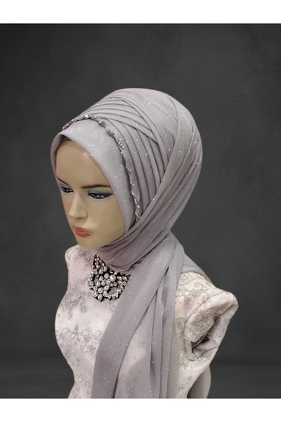 Nuray hazır duvak Açık gri simli Nadide model hazır türban hazır duvak hazır şal