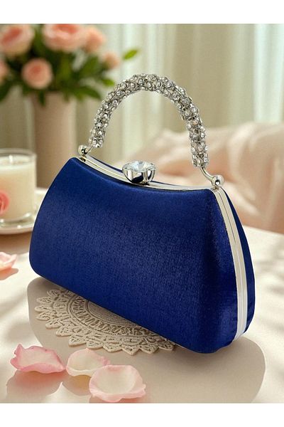 Wedding Fashion Special Design Navy Blue Color Glitter Satin Handle Women's Evening Dress Bag Wedding Engagement Prom
