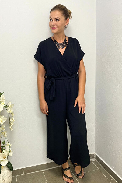 Mia Butik Women's Black Double Breasted Collar Jumpsuit