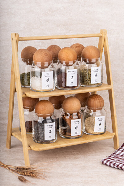 DNS HOME Set of 12 Glass Spice Jars with Bamboo Stand, Wooden Ball Lid, 300 ml Jar Set with Label Gift