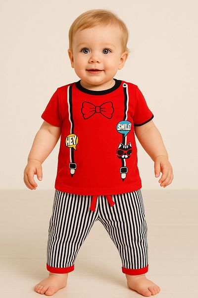 MiniStand Red Bow Tie Printed Baby Boy Set of 2 - Summer Cotton