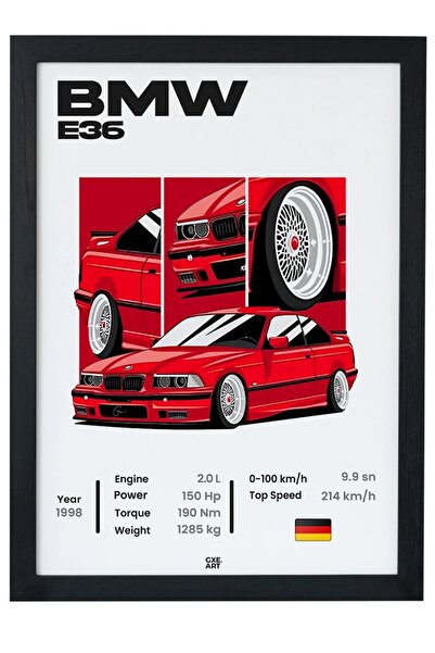 gxe.art BMW E36 Tasarım Siyah Çerçeveli Poster Tablo