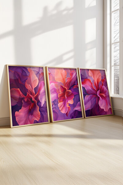 STARYUNA Yağlı boya efektli pembe çiçekli ahşap çerçeveli 3'lü tablo seti Yuna93