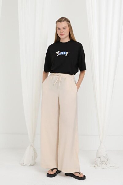 Puane Bol Paça Beli Lastikli Bej Pantolon 20646