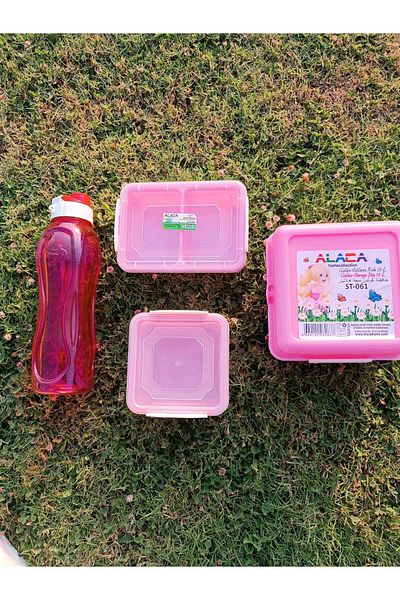 azizden 4-Piece Nutrition Set Storage Container-Bottle-Compartmented Lunch Box Pink