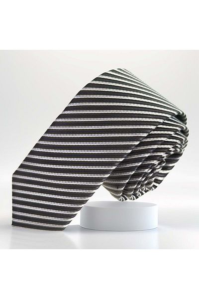 Exve Exclusive Black White Striped Jacquard Woven Thin Fashion Slim Tie