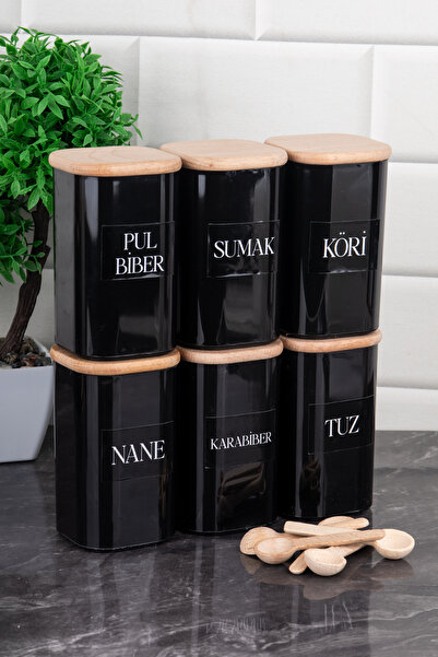 DNS HOME Set of 6 250 ml Vacuum Bamboo Wooden Lid and Spoon Black Acrylic Spice Rack Set with Label Gift