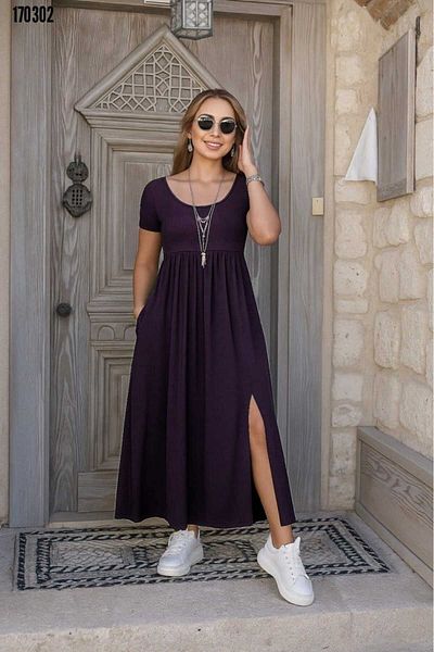 Cbm Women's Short-Sleeve Round Neck Front Slit Pocket Viscose Long Dress Necklace Gift