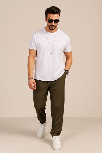 INFLUYENTE Men's Baggy Style Relaxed Fit Parachute Fabric Elastic Waist Wide Leg Trousers