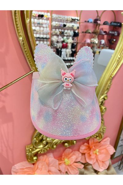 La She Accessories Kuromi Figure Glitter Ribbon Detailed Open Top Hat