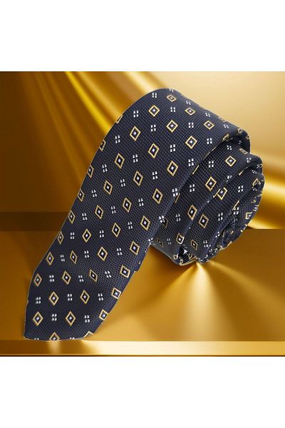 Exve Exclusive Gold Argyle on Navy Blue Jacquard Woven Thin Fashion Slim Tie