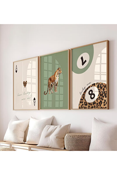 512 STORE 3'lü Leopar Estetik Duvar Dekor Çerçevesiz Poster Green Serisi Salo...