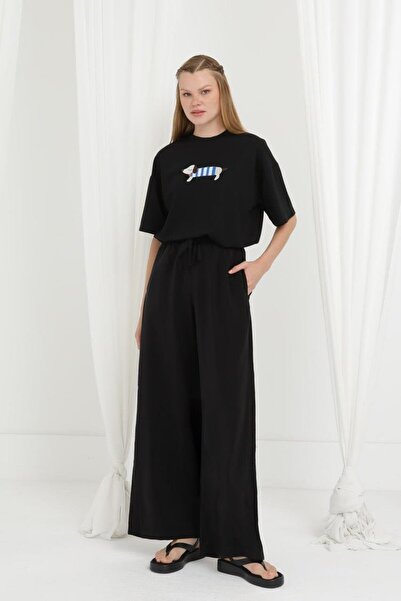 Puane بنطلون أسود واسع الساق وخصر مطاطي 20646