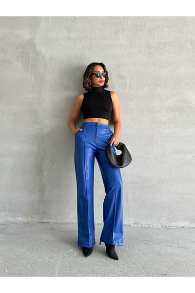 Bleu Petite High Waist Faux Leather Suede Inside Palazzo Women's Pants