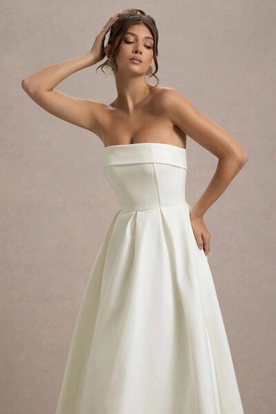OLSAMODA Women's Atlas Fabric Strapless Collar Blouse Cut Long Length Wedding Engagement Invitation Dress