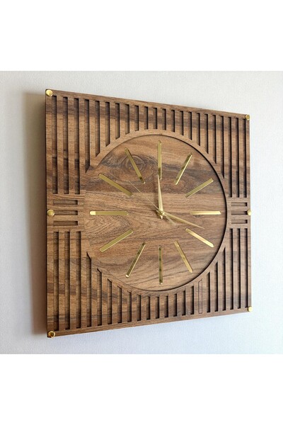 By Isla Jewelry ساعة حائط خشبية فاخرة مقاس 40x40 سم - تصميم هندسي حديث، ساعة ديكور ممتازة