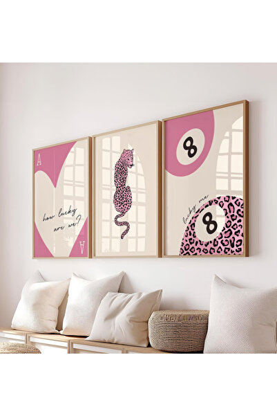 512 STORE Estetik 3'lü Leopar Pink Duvar Dekor Çerçevesiz Poster Heart Bilardo Topu