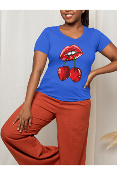 MEİLİFENG Unisex Flying Cherry on Lip Oversize Combed Cotton Tshirt