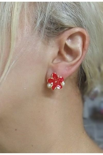 mos&more Small Women's Earrings with Red Pearlescent Flower Pearl