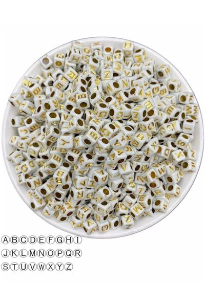 Aslan Online 50gr mărgele cu litere, 6mm fundal alb galben auriu / mărgele cu litere cub de aur (50gr, ~ mediu 250-300 bucăți)