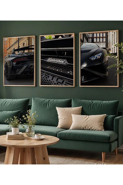 NT Handmade Natural Wooden Framed Uv Printing 3-Piece Lamborghini Wall Painting – Modern & Stylish Car Wall Decor