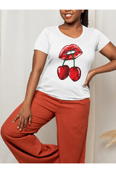 MEİLİFENG Unisex Flying Cherry on Lip Oversize Combed Cotton Tshirt