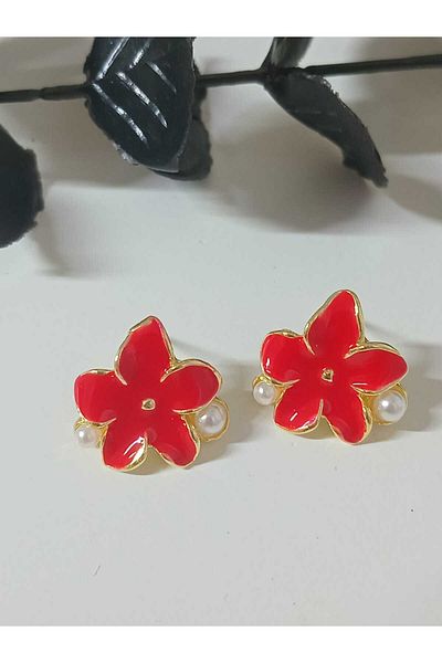 mos&more Small Women's Earrings with Red Pearlescent Flower Pearl