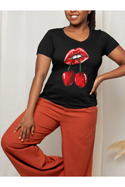 MEİLİFENG Unisex Flying Cherry on Lip Oversize Combed Cotton Tshirt