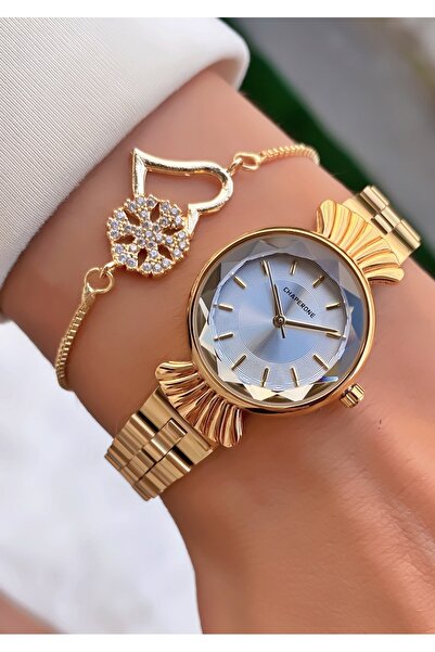 Merand ساعة يد نسائية مقاومة للماء هيكل فولاذي حبل معدني ذهبي + سوار قلب مرصع...