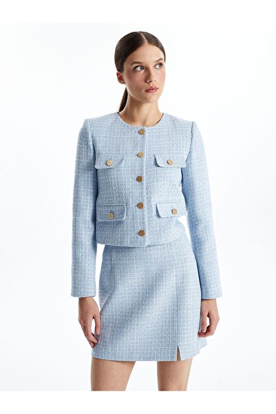 LC Waikiki Mavi Bisiklet Yaka Ekose Kadın Tüvit Ceket