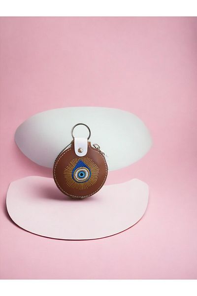 simagift Evil Eye Patterned Faux Leather Round Wallet Keychain (7cm)