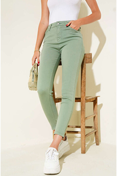 Fibula Toparlayıcı havuç paça likralı pamuk denim yeşil pantolon