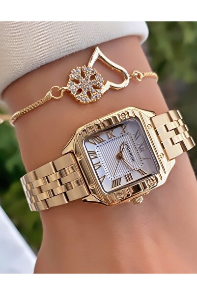 Merand Gold Steel Women's Wristwatch and Stone Heart Bracelet Set – Waterproof Stylish Model