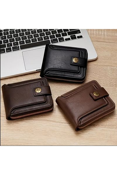 ORGANICYOU Portofel pentru bărbați SHENZHEN în stil vintage - cu compartiment pentru monede, fermoar, design elegant din piele artificială