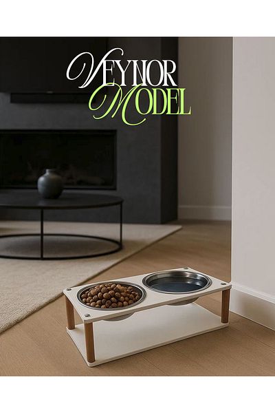 Okay حامل طعام للقطط والكلاب مصنوع من الخشب الحديث - حامل طعام وماء مع وعاءين من الفولاذ المقاوم للصدأ