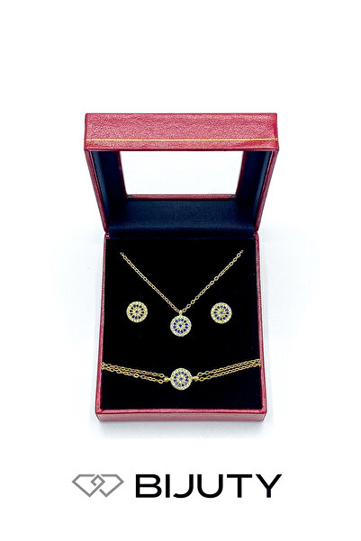 Bijuty Kadın Nazar Boncuğu Kolye Küpe Bileklik Set- Çelik Zincir.