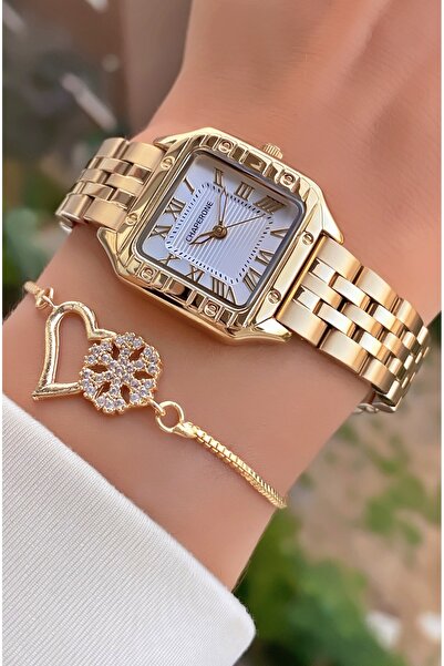 Merand Gold Steel Women's Wristwatch and Stone Heart Bracelet Set – Waterproof Stylish Model