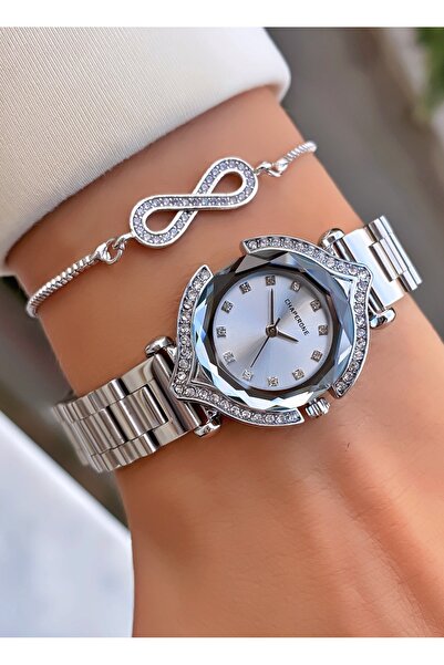 Merand Silver Color Special Design Jewelled Model Women's Wristwatch with Bracelet Gift