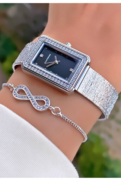 Merand Brand Women Wristwatch Steel Case Waterproof Rhinestone Rectangle Dial + Gift Bracelet